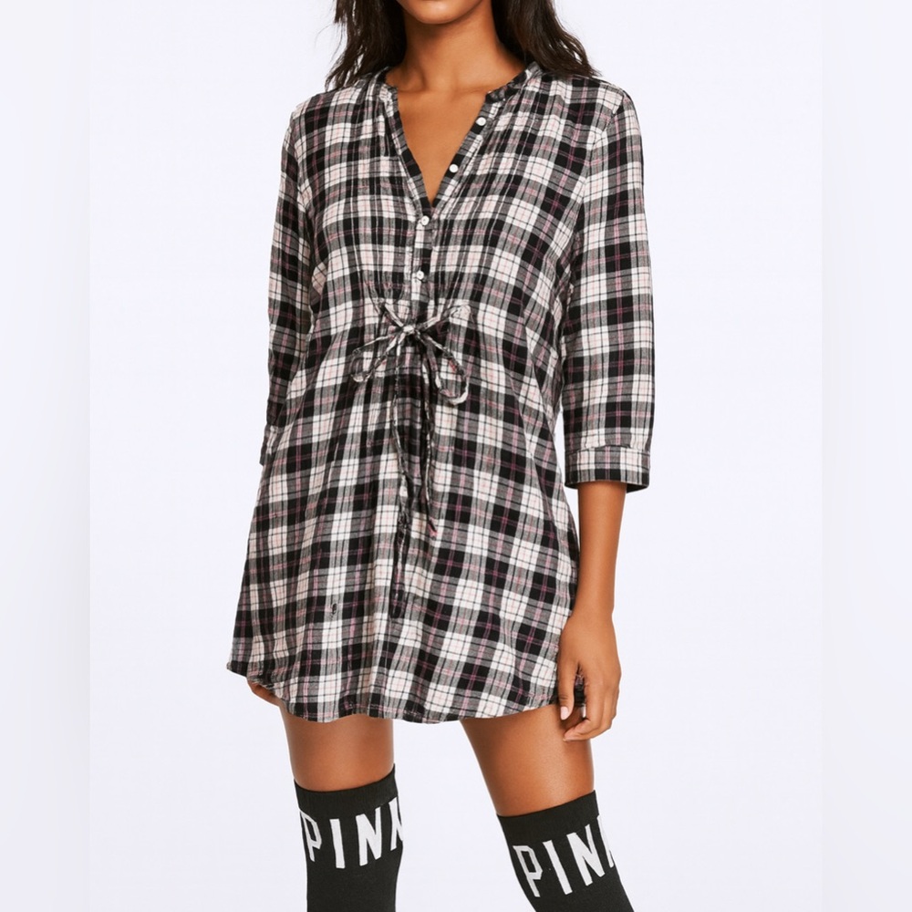 Victorias Secret PINK Cotton Plaid Button Tie Campus Sleep Shirt Casual Dress L